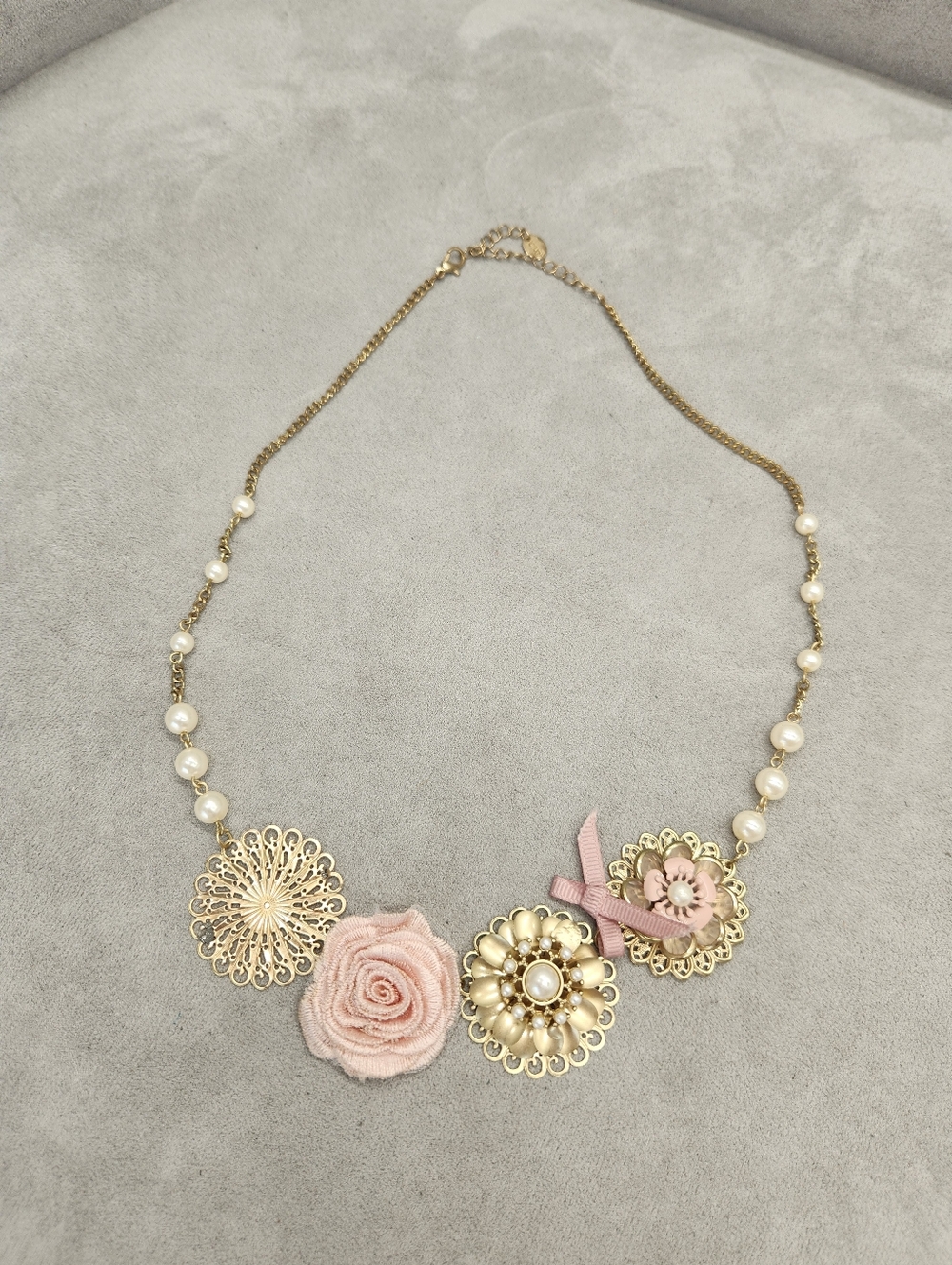 Vintage Icing Necklace 22" Golden Pink Bow Beaded Flowers Boho Pastel Pearls